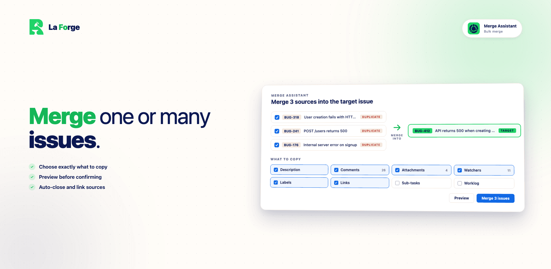 Merge one or many issues with granular control and preview