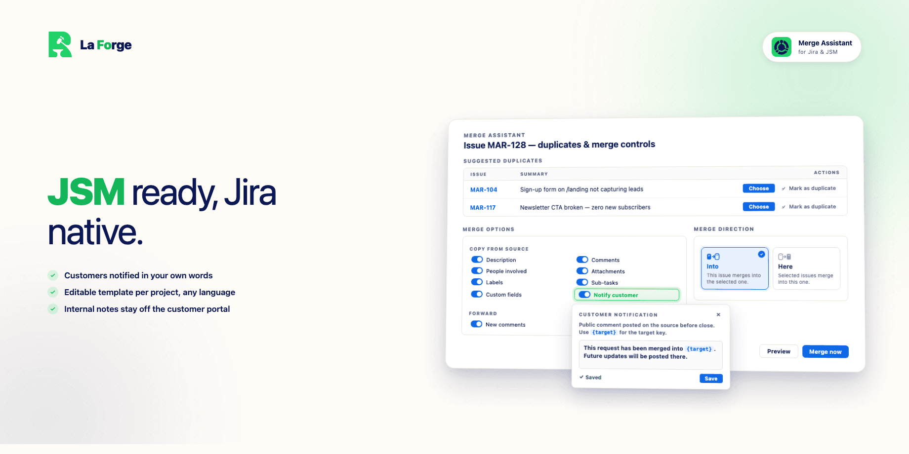 JSM ready, Jira native — customer notifications and per-project templates