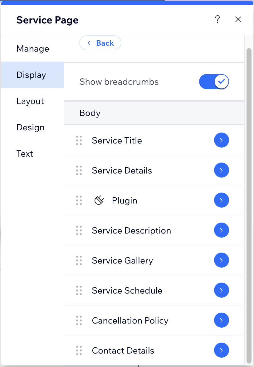 The service page body list, with Plugin moved directly under Service Details