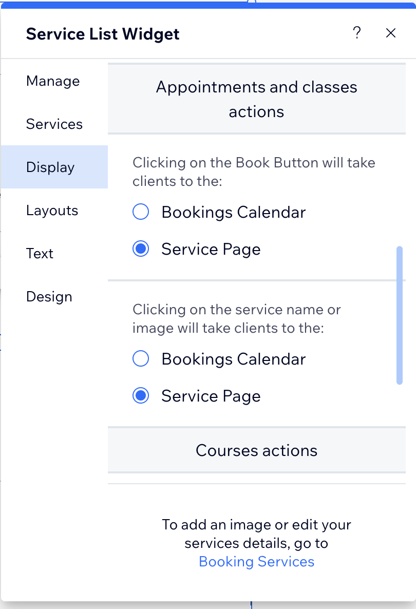The Service List settings panel, with the click target set to Service Page