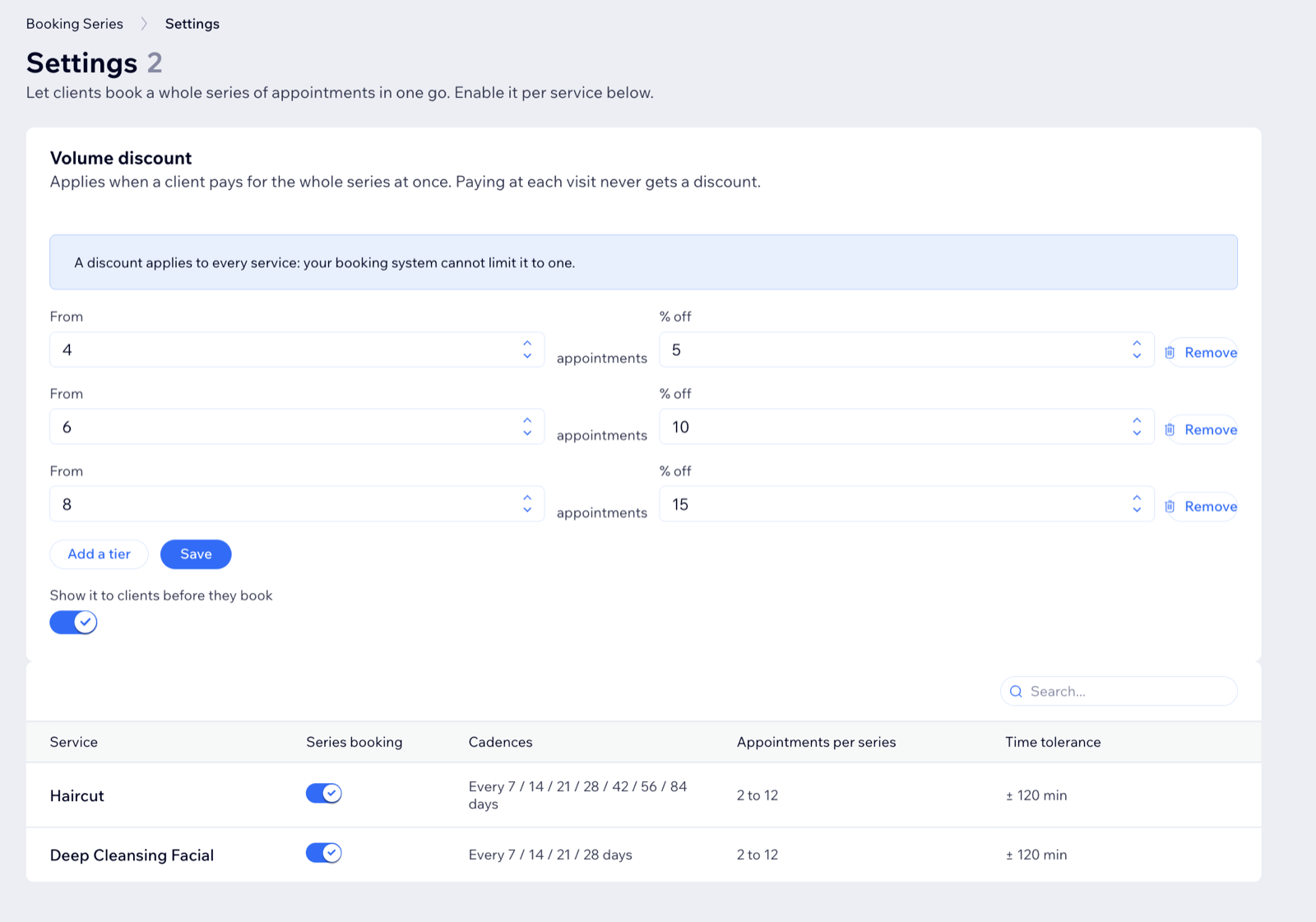 The Settings page: volume discount tiers and the per-service table with cadences, appointments per series and time tolerance