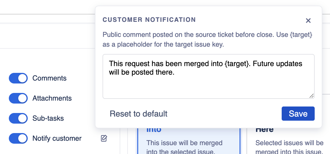 Editor popup for the customer notification template with placeholder support