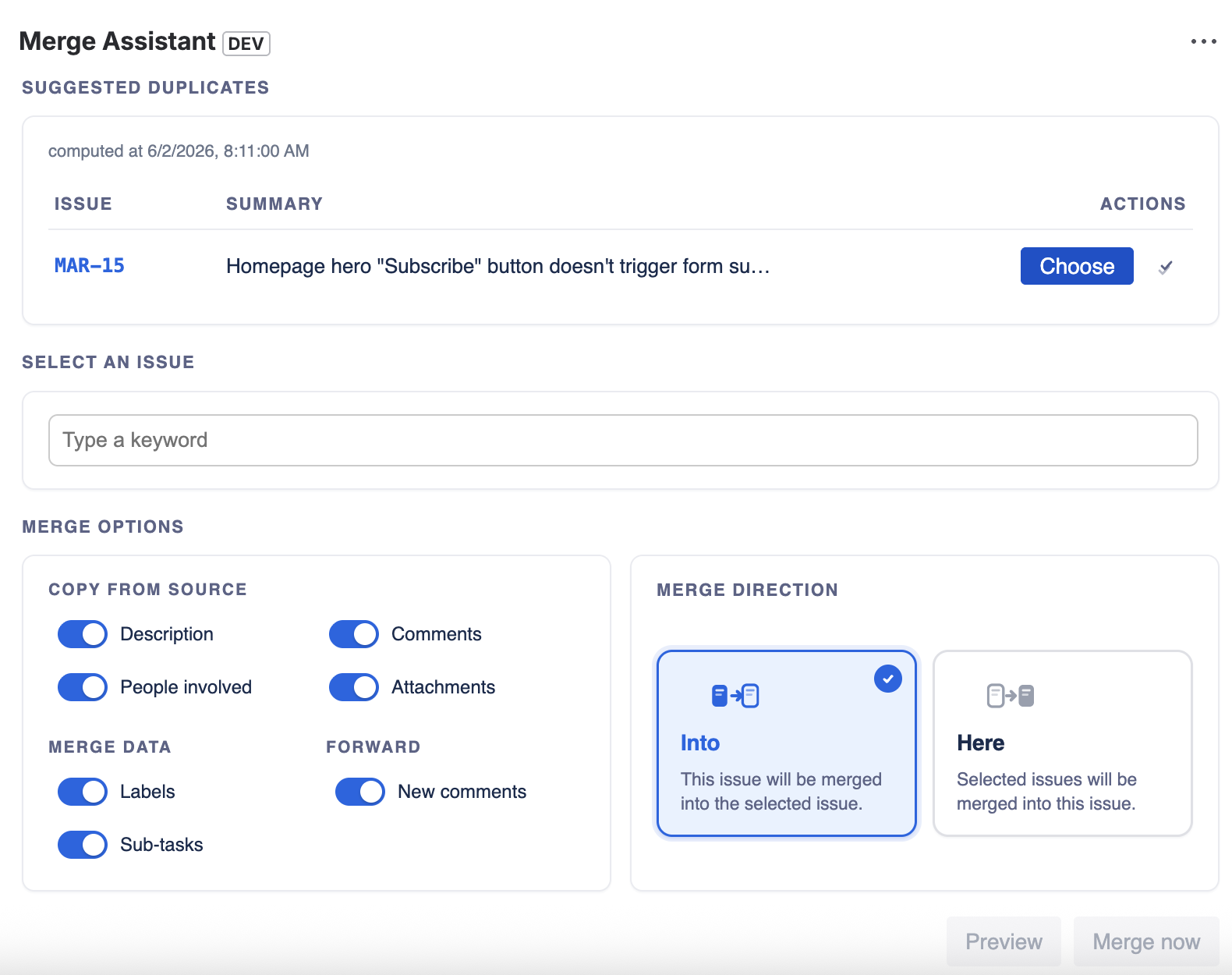 Merge Assistant issue panel — suggested duplicates, grouped merge options and visual direction tiles