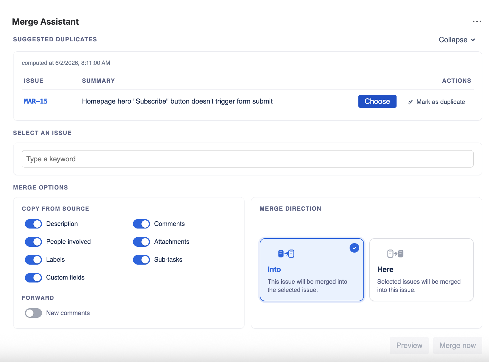 Merge Assistant issue panel — suggested duplicates, grouped merge options and visual direction tiles