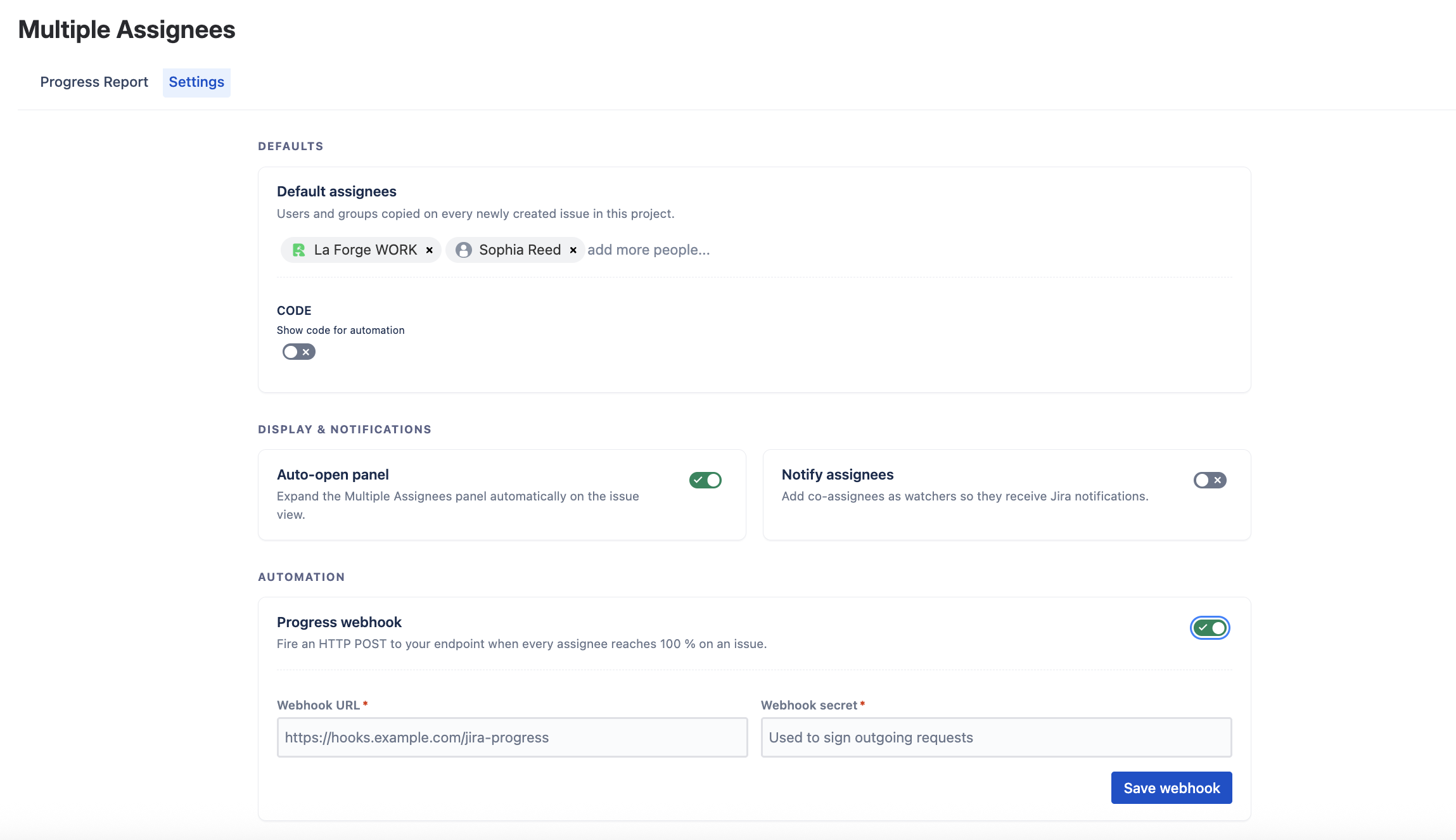 Project Settings — Defaults, Display & notifications and Automation sections